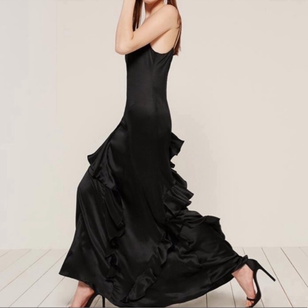 Reformation Black 100% silk ruffle maxi dress / gown